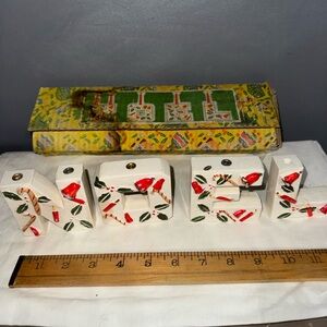 Vintage Christmas ceramic NOEL mini candlestick holders letters original box